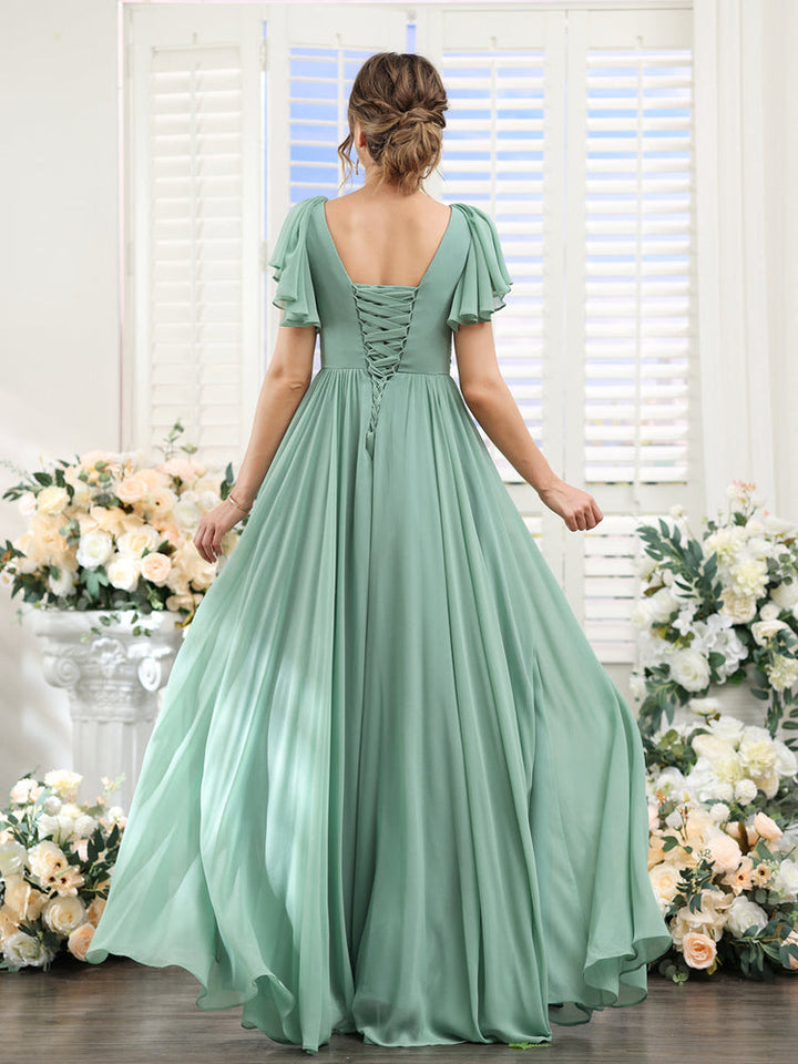 A-Line/Princess V-Neck Short Sleeves Chiffon Bridesmaid Dresses with Split Side & Pockets