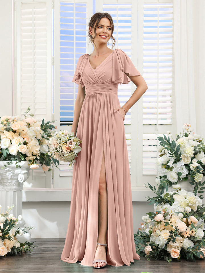 A-Line/Princess V-Neck Short Sleeves Chiffon Bridesmaid Dresses with Split Side & Pockets