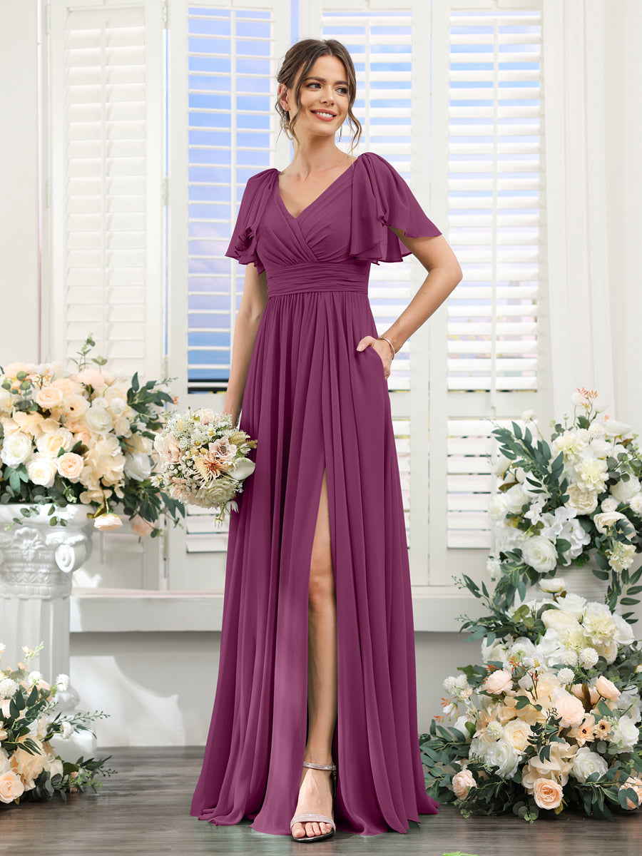 A-Line/Princess V-Neck Short Sleeves Chiffon Bridesmaid Dresses with Split Side & Pockets