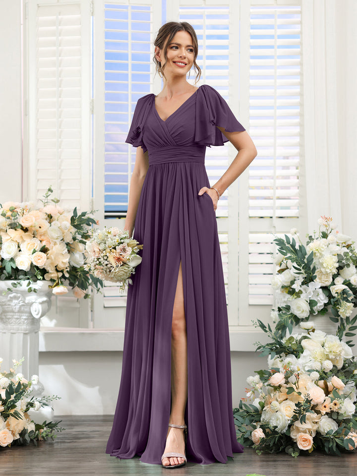 A-Line/Princess V-Neck Short Sleeves Chiffon Bridesmaid Dresses with Split Side & Pockets