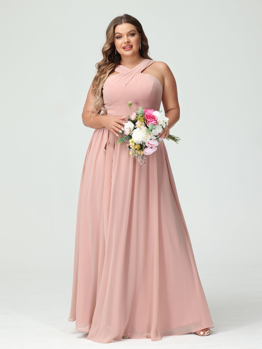 A-Line/Princess/Princess Criss Cross Sleeveless Chiffon Plus Size Bridesmaid Dresses with Sash