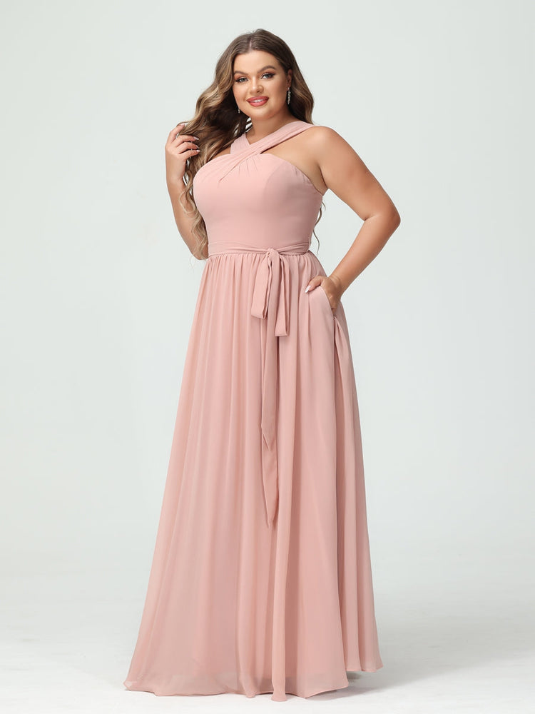 A-Line/Princess/Princess Criss Cross Sleeveless Chiffon Plus Size Bridesmaid Dresses with Sash