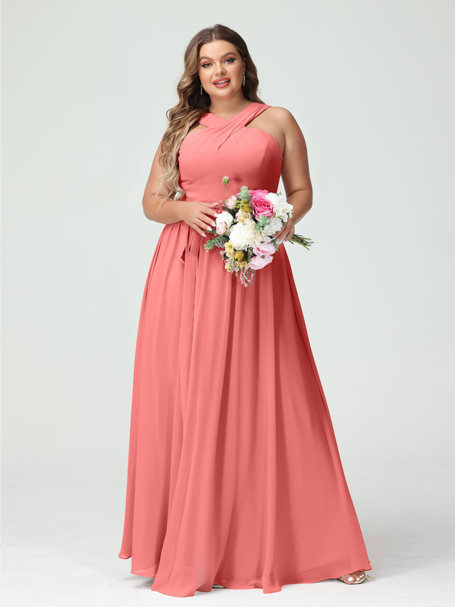 A-Line/Princess/Princess Criss Cross Sleeveless Chiffon Plus Size Bridesmaid Dresses with Sash