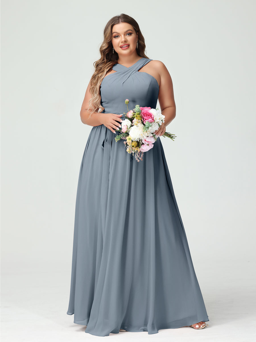 A-Line/Princess/Princess Criss Cross Sleeveless Chiffon Plus Size Bridesmaid Dresses with Sash