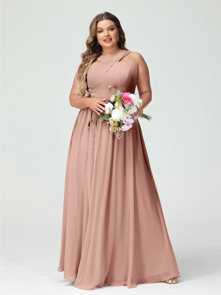 A-Line/Princess/Princess Criss Cross Sleeveless Chiffon Plus Size Bridesmaid Dresses with Sash