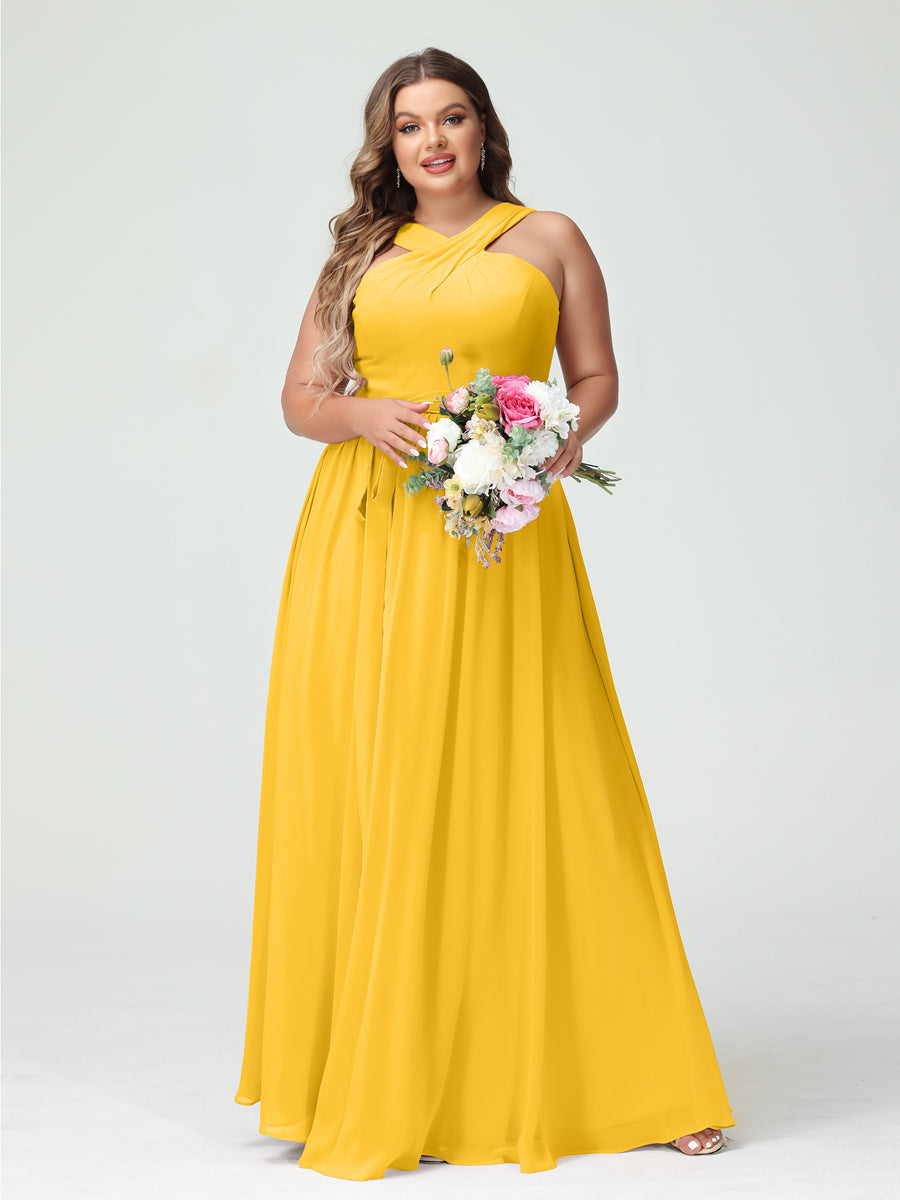 A-Line/Princess/Princess Criss Cross Sleeveless Chiffon Plus Size Bridesmaid Dresses with Sash