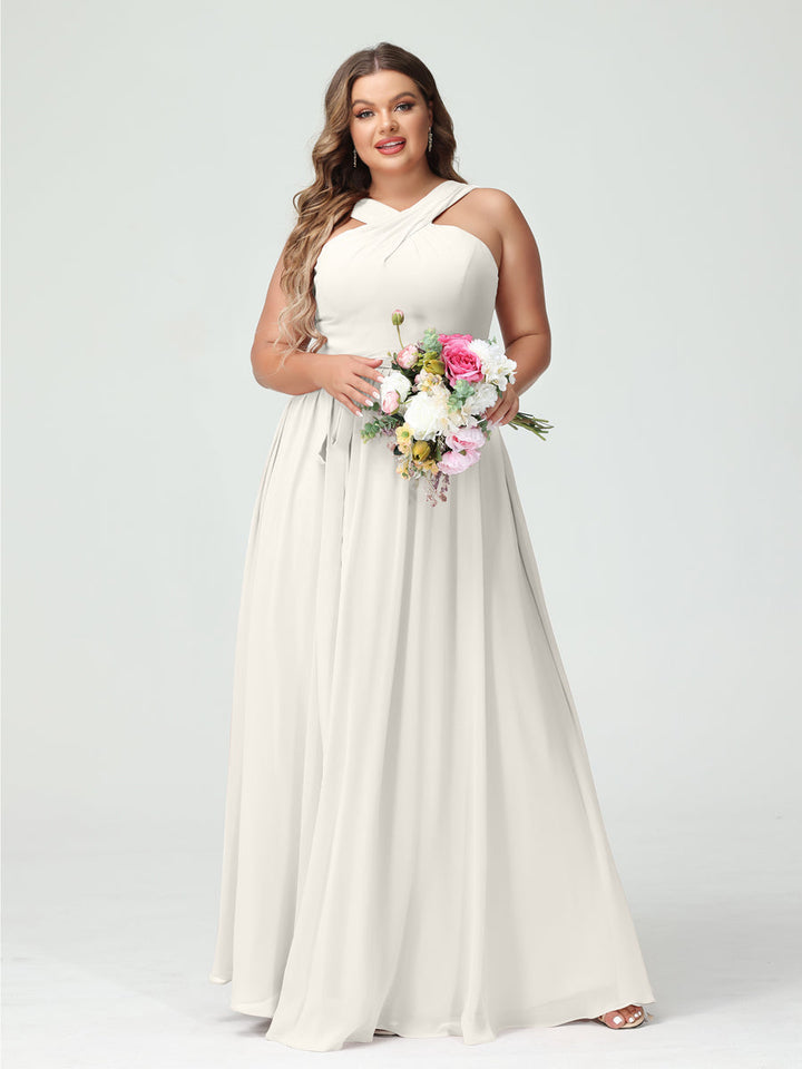 A-Line/Princess/Princess Criss Cross Sleeveless Chiffon Plus Size Bridesmaid Dresses with Sash