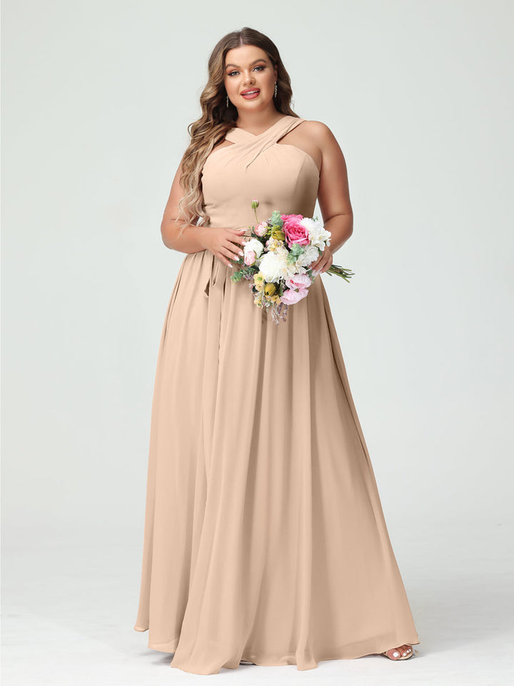 A-Line/Princess/Princess Criss Cross Sleeveless Chiffon Plus Size Bridesmaid Dresses with Sash