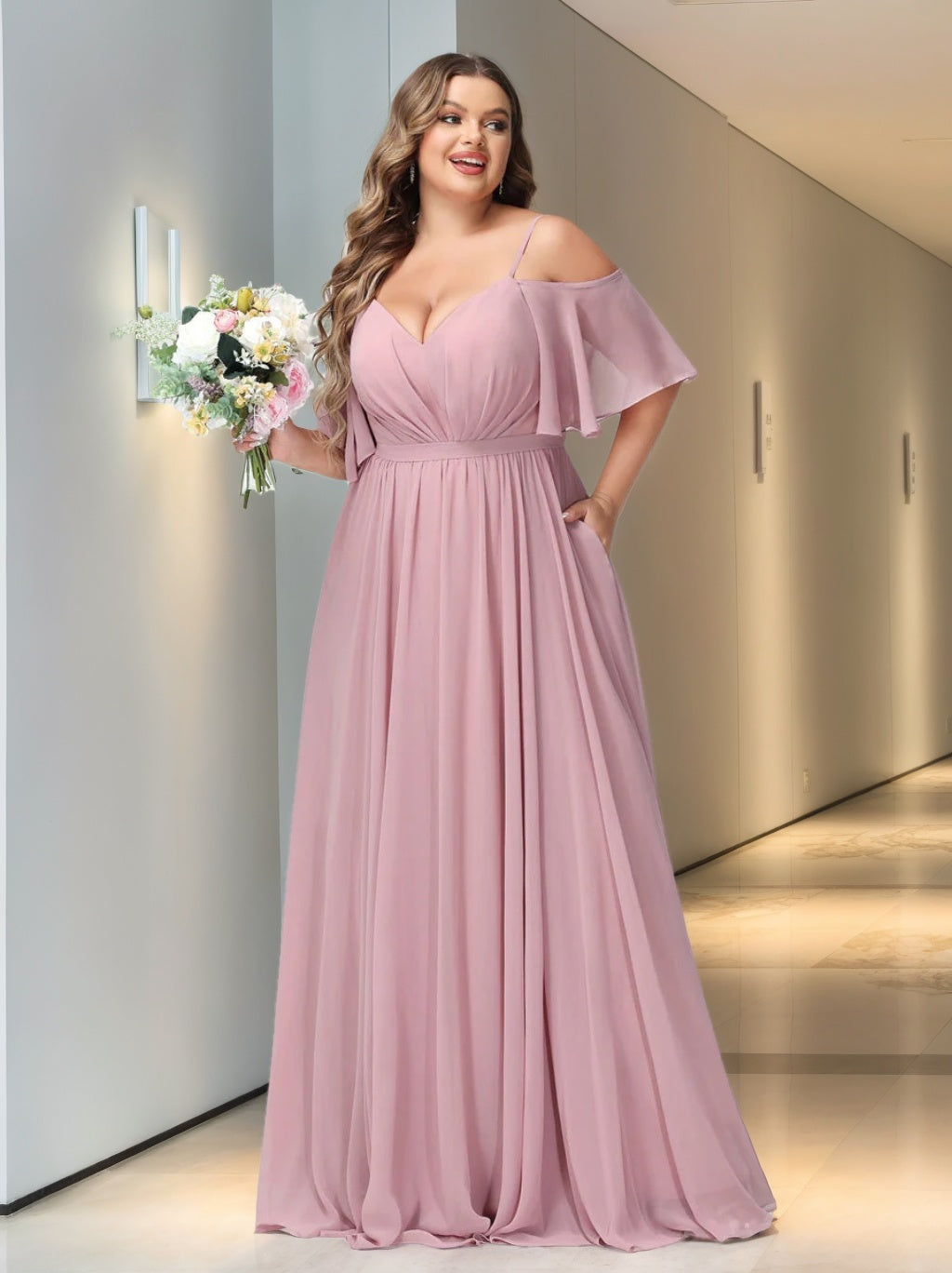 A-Line/Princess/Princess Spaghetti Straps Half Sleeves Chiffon Plus Size Bridesmaid Dresses with Pockets