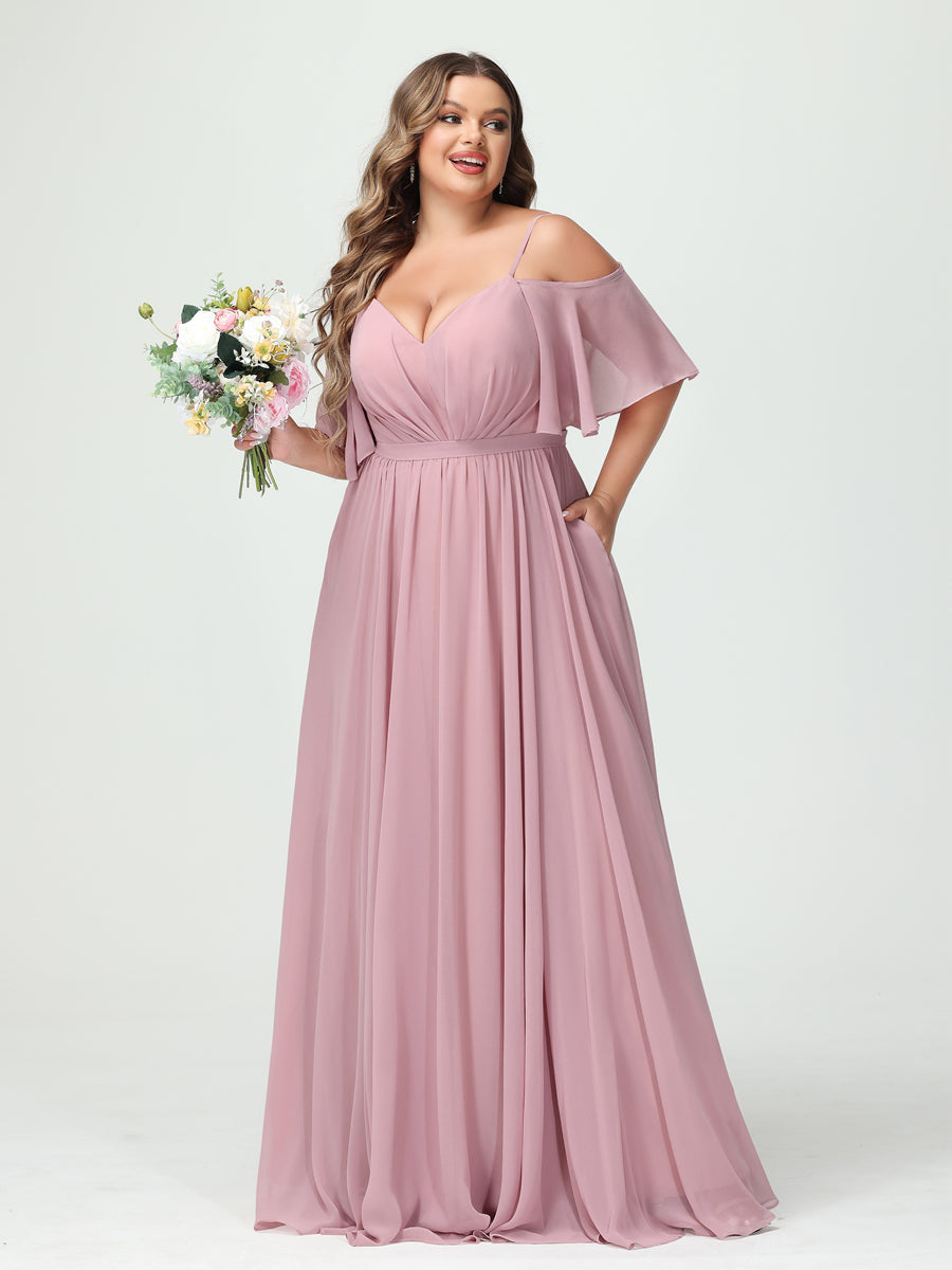 A-Line/Princess/Princess Spaghetti Straps Half Sleeves Chiffon Plus Size Bridesmaid Dresses with Pockets