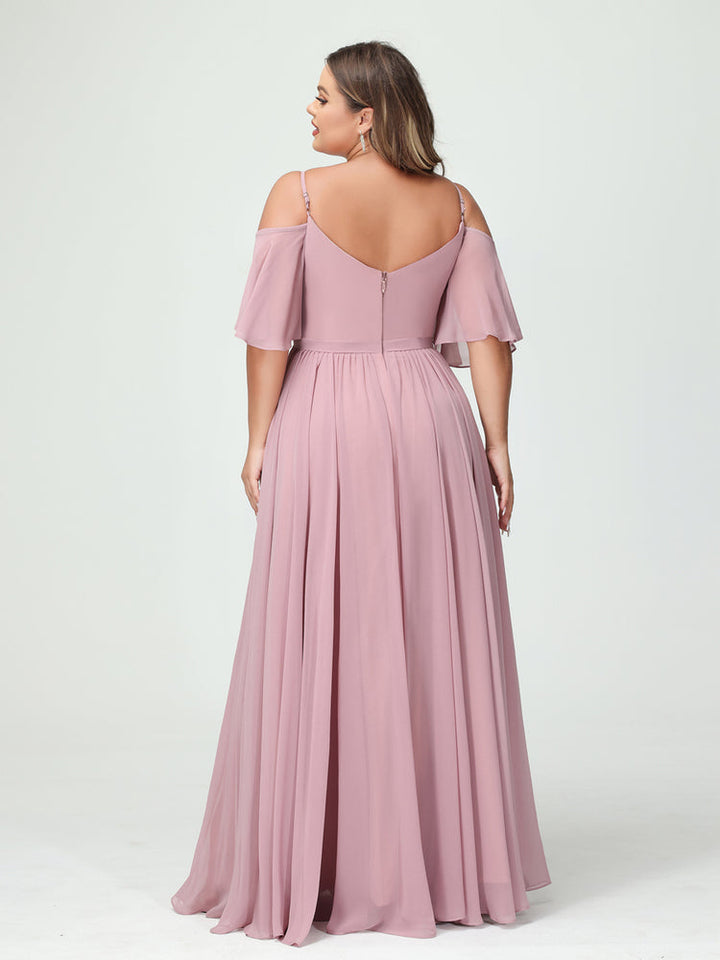 A-Line/Princess/Princess Spaghetti Straps Half Sleeves Chiffon Plus Size Bridesmaid Dresses with Pockets