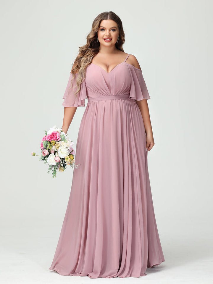 A-Line/Princess/Princess Spaghetti Straps Half Sleeves Chiffon Plus Size Bridesmaid Dresses with Pockets