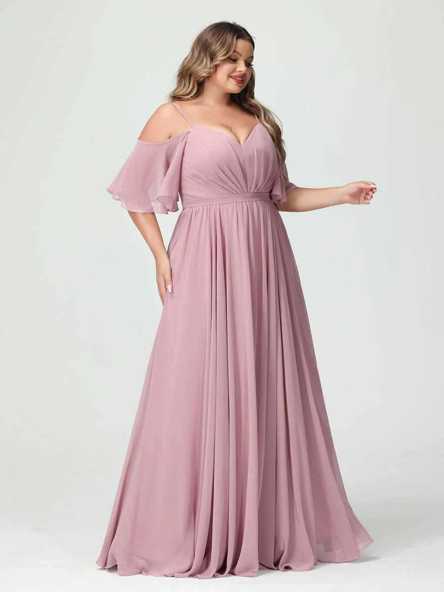 A-Line/Princess/Princess Spaghetti Straps Half Sleeves Chiffon Plus Size Bridesmaid Dresses with Pockets