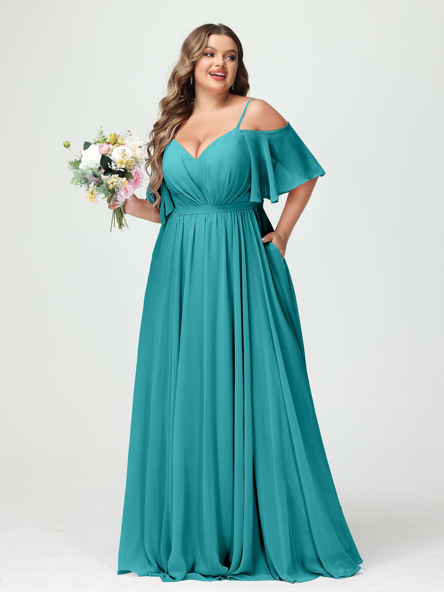 A-Line/Princess/Princess Spaghetti Straps Half Sleeves Chiffon Plus Size Bridesmaid Dresses with Pockets