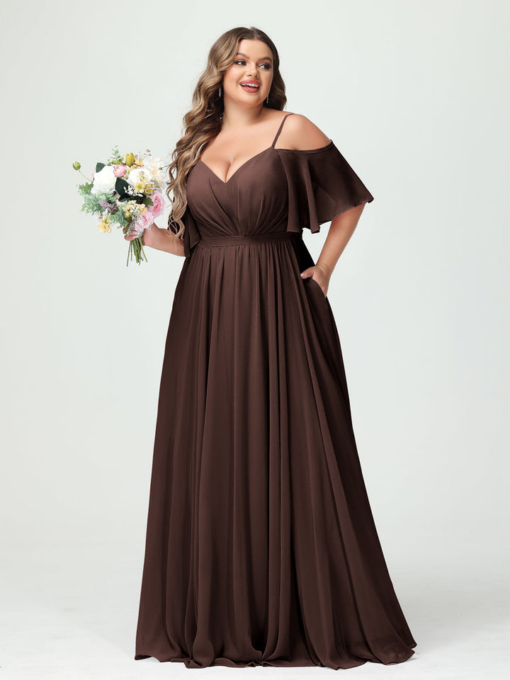 A-Line/Princess/Princess Spaghetti Straps Half Sleeves Chiffon Plus Size Bridesmaid Dresses with Pockets