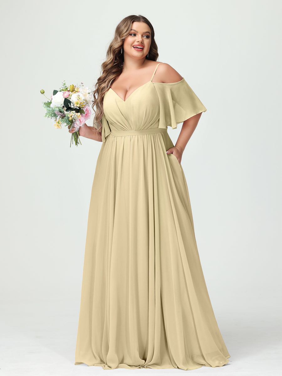 A-Line/Princess/Princess Spaghetti Straps Half Sleeves Chiffon Plus Size Bridesmaid Dresses with Pockets