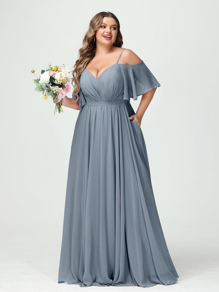 A-Line/Princess/Princess Spaghetti Straps Half Sleeves Chiffon Plus Size Bridesmaid Dresses with Pockets