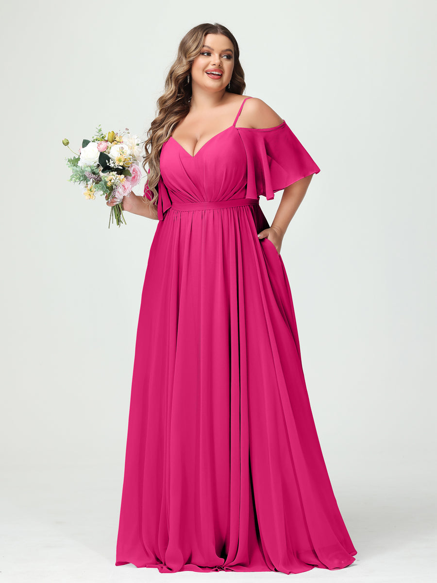 A-Line/Princess/Princess Spaghetti Straps Half Sleeves Chiffon Plus Size Bridesmaid Dresses with Pockets