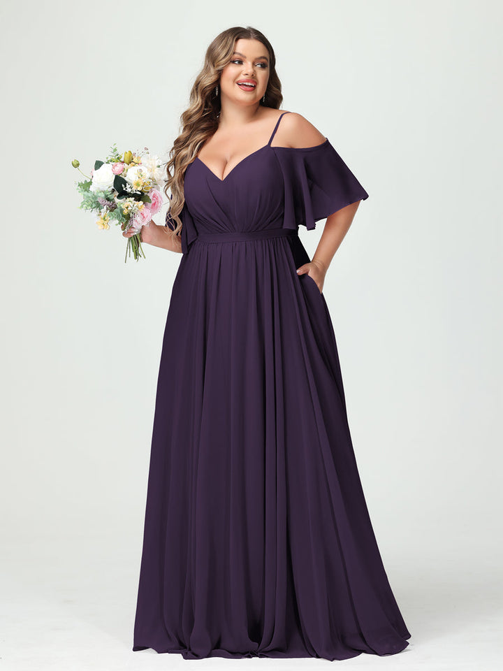 A-Line/Princess/Princess Spaghetti Straps Half Sleeves Chiffon Plus Size Bridesmaid Dresses with Pockets