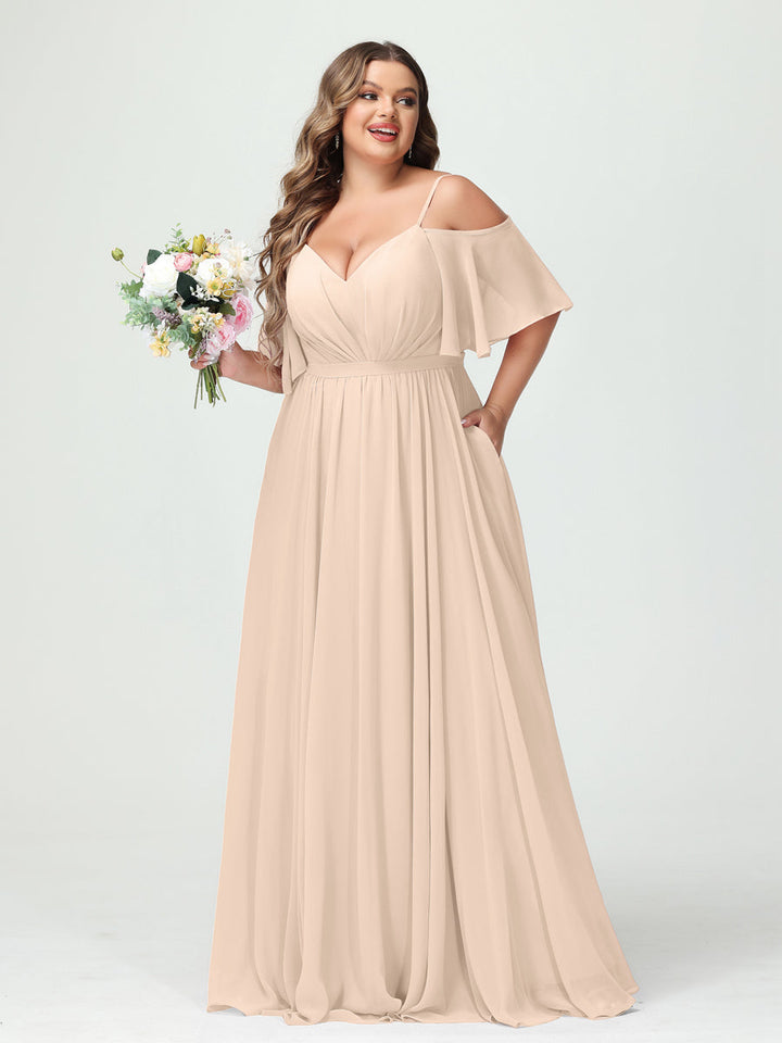 A-Line/Princess/Princess Spaghetti Straps Half Sleeves Chiffon Plus Size Bridesmaid Dresses with Pockets