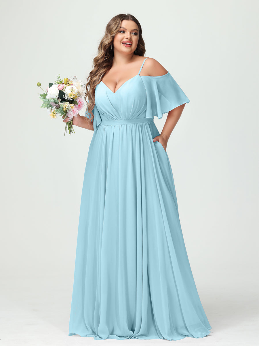 A-Line/Princess/Princess Spaghetti Straps Half Sleeves Chiffon Plus Size Bridesmaid Dresses with Pockets