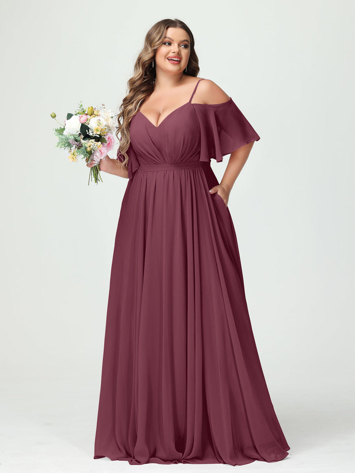 A-Line/Princess/Princess Spaghetti Straps Half Sleeves Chiffon Plus Size Bridesmaid Dresses with Pockets