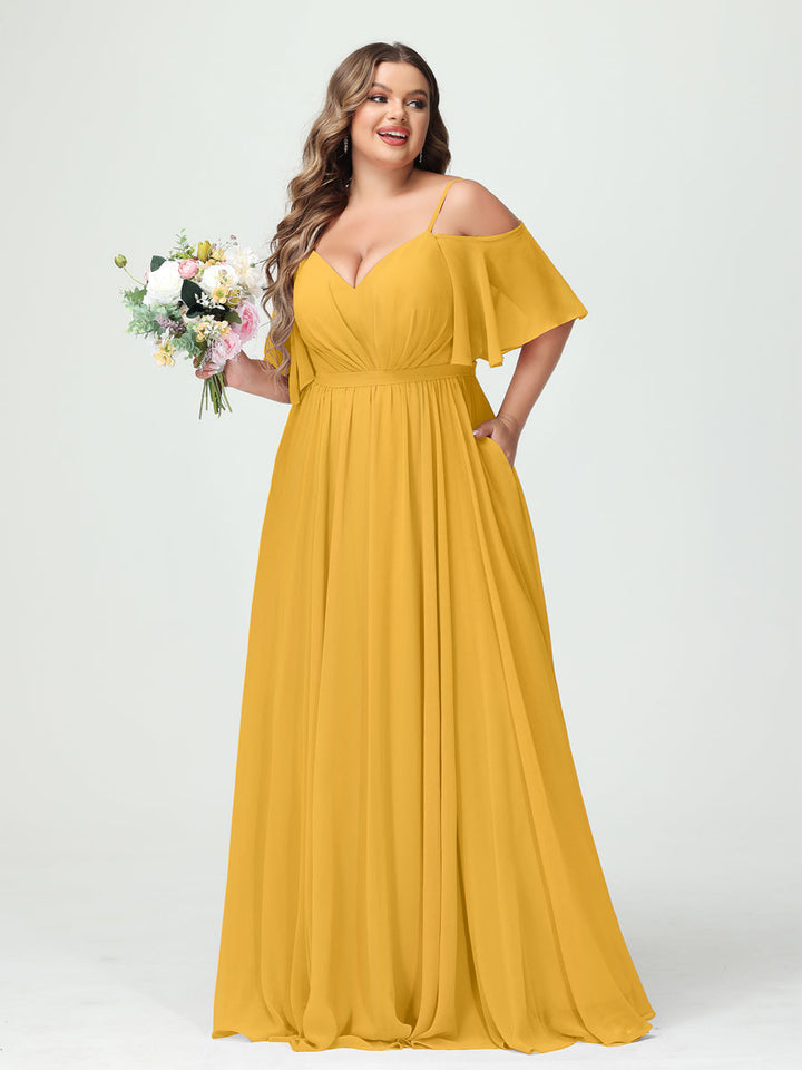 A-Line/Princess/Princess Spaghetti Straps Half Sleeves Chiffon Plus Size Bridesmaid Dresses with Pockets