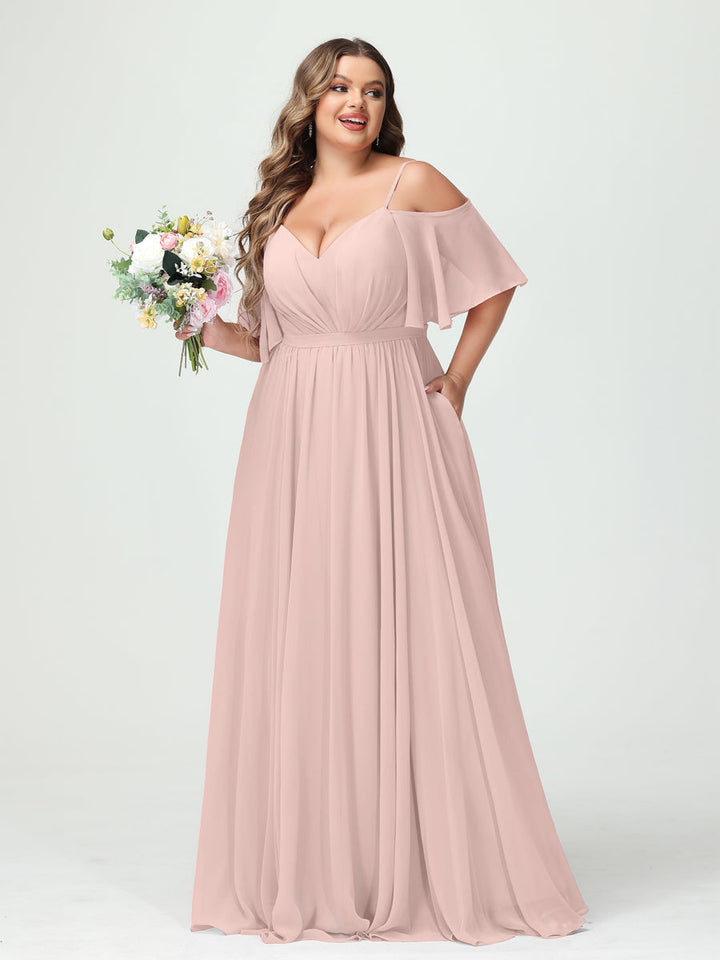 A-Line/Princess/Princess Spaghetti Straps Half Sleeves Chiffon Plus Size Bridesmaid Dresses with Pockets