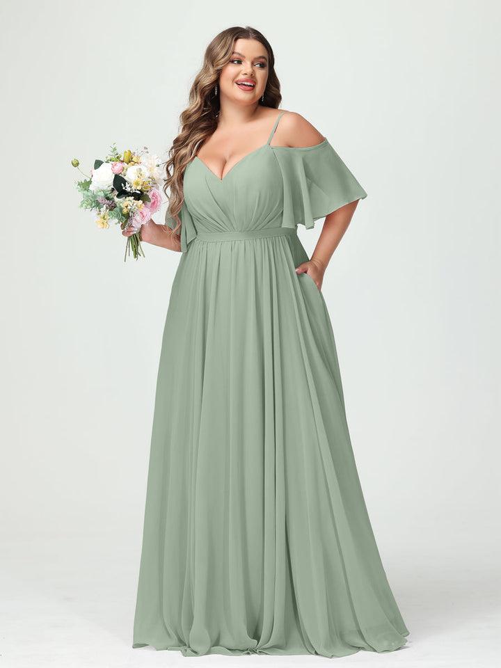 A-Line/Princess/Princess Spaghetti Straps Half Sleeves Chiffon Plus Size Bridesmaid Dresses with Pockets