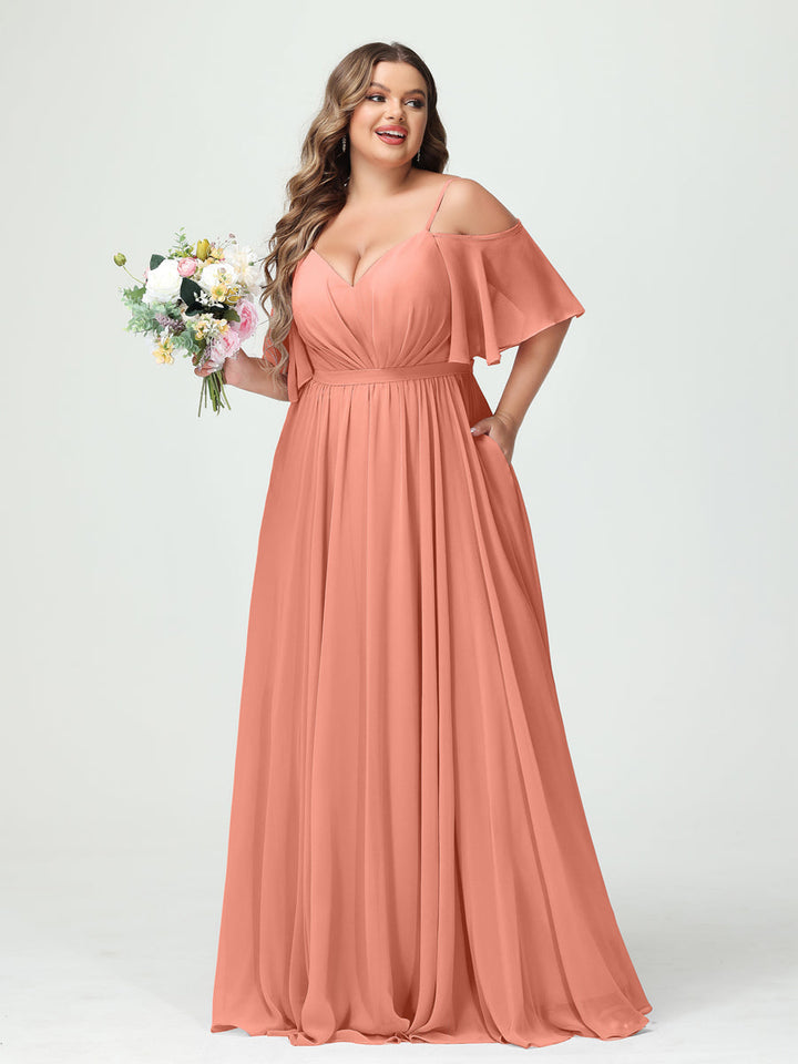 A-Line/Princess/Princess Spaghetti Straps Half Sleeves Chiffon Plus Size Bridesmaid Dresses with Pockets