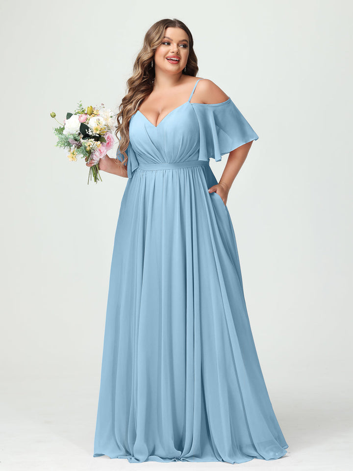 A-Line/Princess/Princess Spaghetti Straps Half Sleeves Chiffon Plus Size Bridesmaid Dresses with Pockets