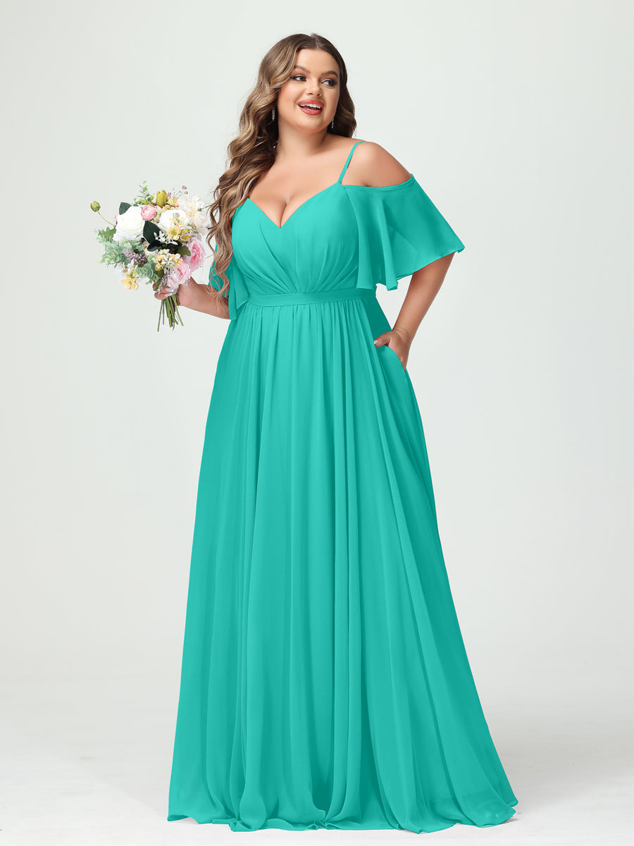 A-Line/Princess/Princess Spaghetti Straps Half Sleeves Chiffon Plus Size Bridesmaid Dresses with Pockets