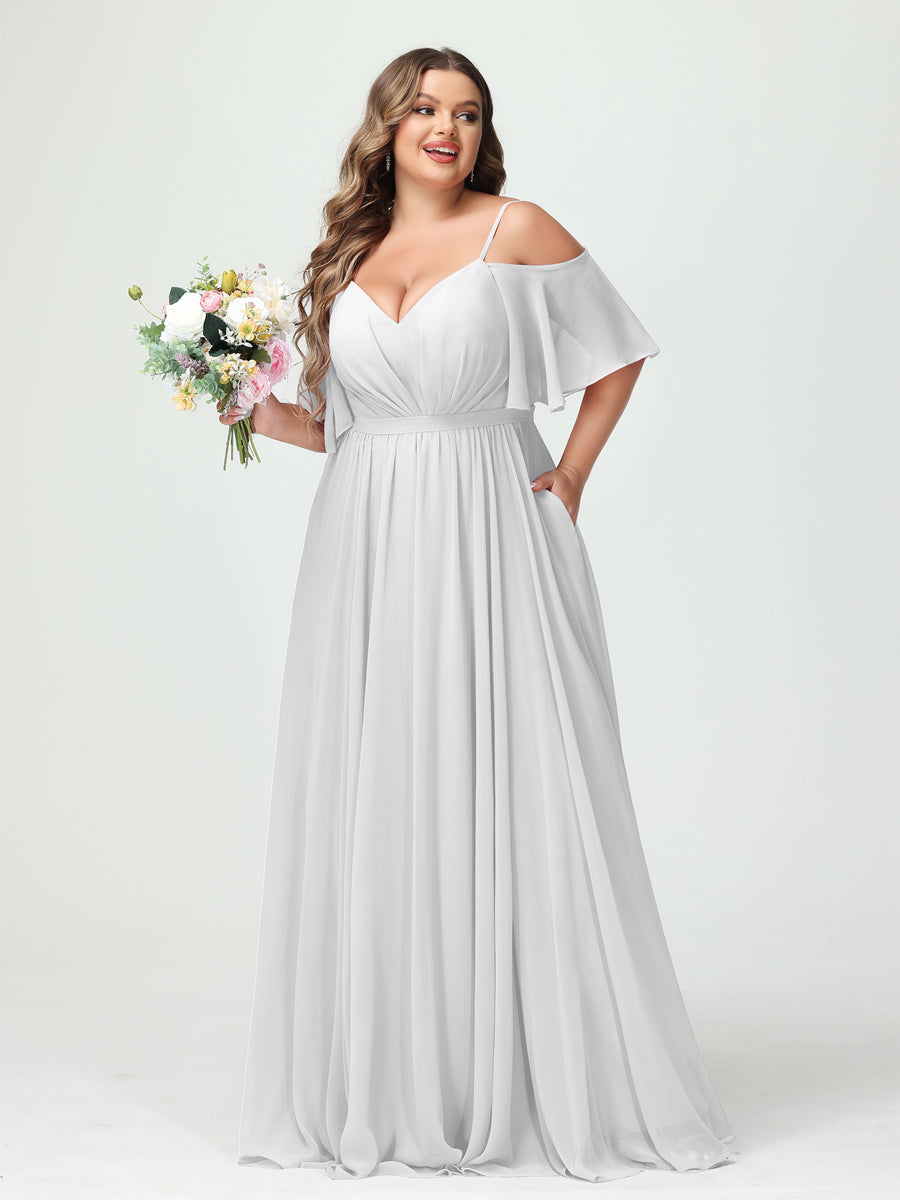 A-Line/Princess/Princess Spaghetti Straps Half Sleeves Chiffon Plus Size Bridesmaid Dresses with Pockets