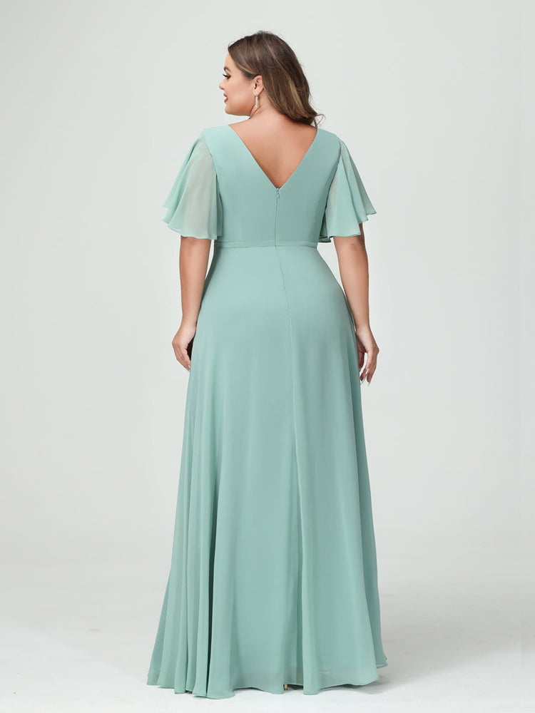 A-Line/Princess/Princess V-Neck Half Sleeves Chiffon Plus Size Bridesmaid Dresses with Split Side & Ruffles