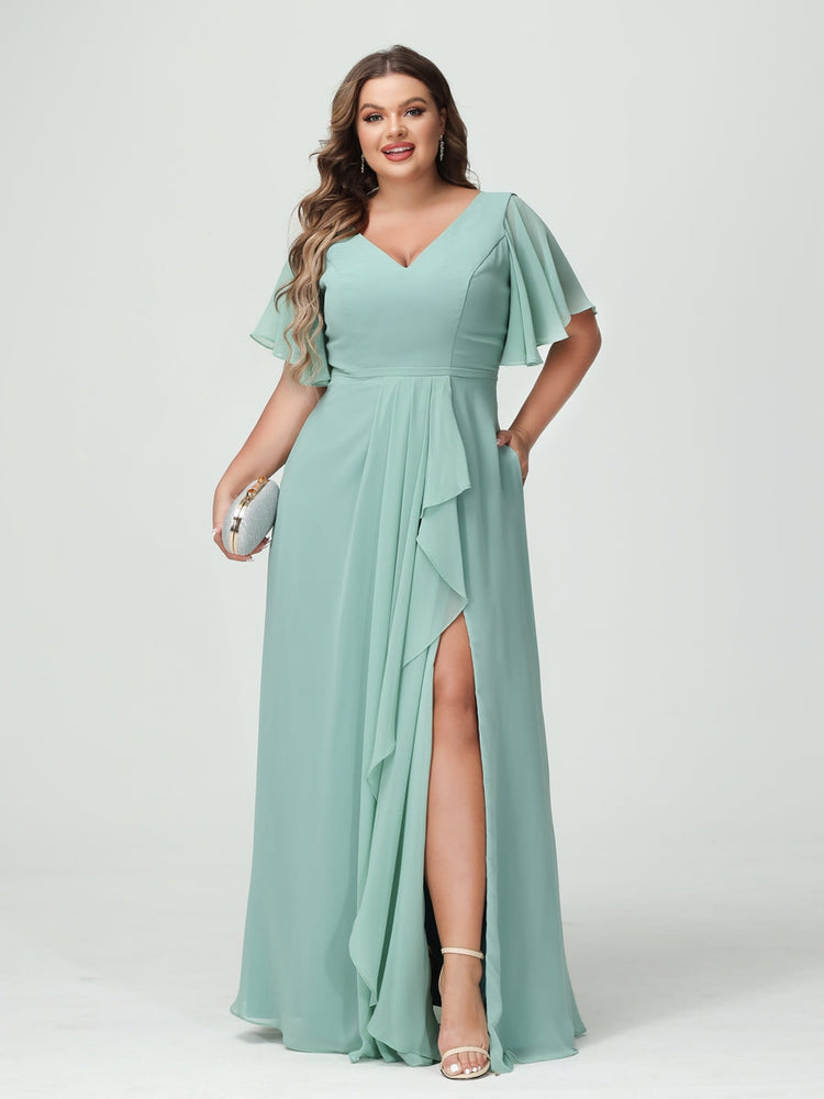 A-Line/Princess/Princess V-Neck Half Sleeves Chiffon Plus Size Bridesmaid Dresses with Split Side & Ruffles