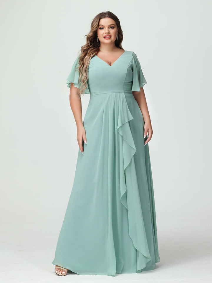 A-Line/Princess/Princess V-Neck Half Sleeves Chiffon Plus Size Bridesmaid Dresses with Split Side & Ruffles