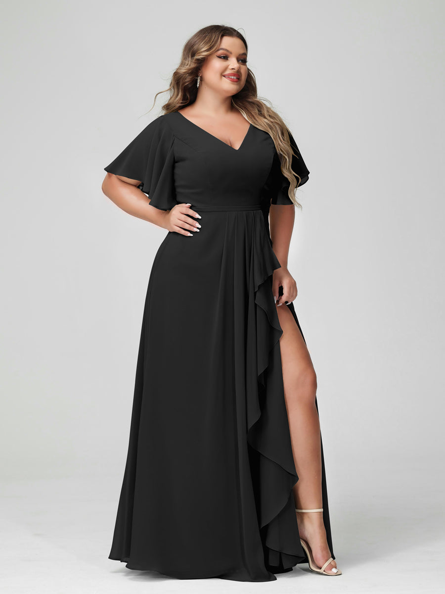 A-Line/Princess/Princess V-Neck Half Sleeves Chiffon Plus Size Bridesmaid Dresses with Split Side & Ruffles