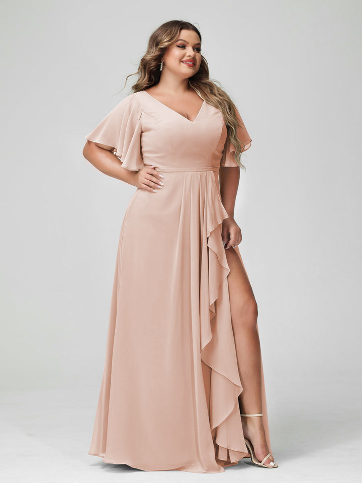 A-Line/Princess/Princess V-Neck Half Sleeves Chiffon Plus Size Bridesmaid Dresses with Split Side & Ruffles