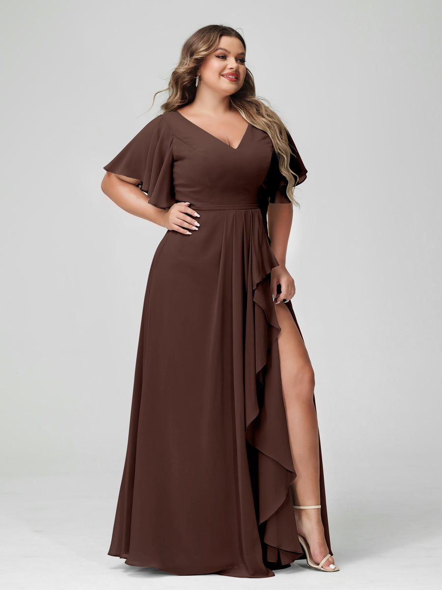 A-Line/Princess/Princess V-Neck Half Sleeves Chiffon Plus Size Bridesmaid Dresses with Split Side & Ruffles