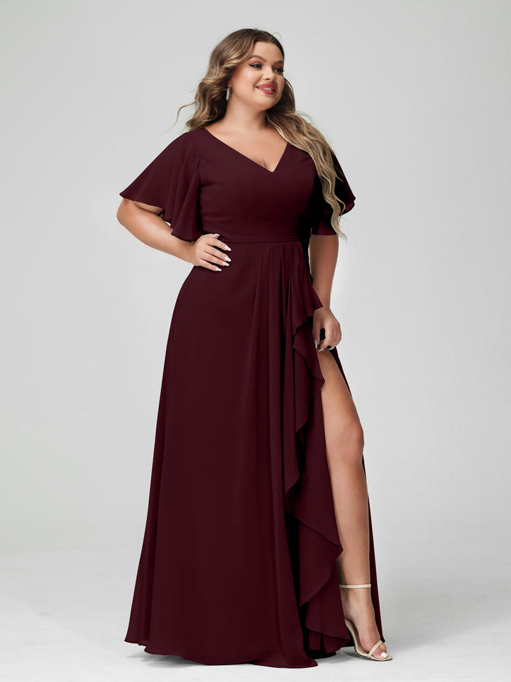 A-Line/Princess/Princess V-Neck Half Sleeves Chiffon Plus Size Bridesmaid Dresses with Split Side & Ruffles