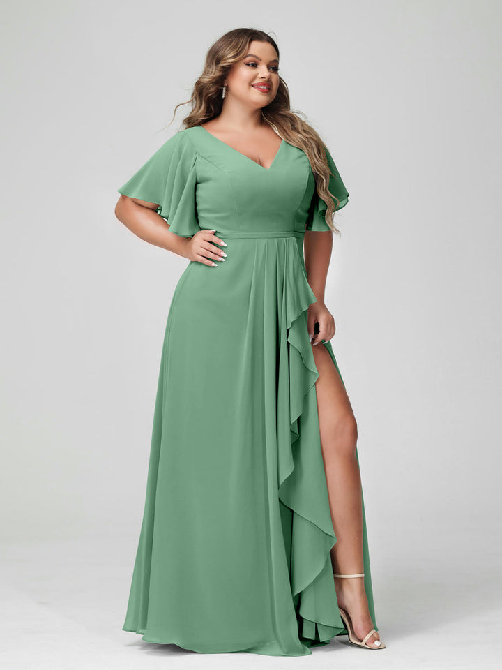 A-Line/Princess/Princess V-Neck Half Sleeves Chiffon Plus Size Bridesmaid Dresses with Split Side & Ruffles