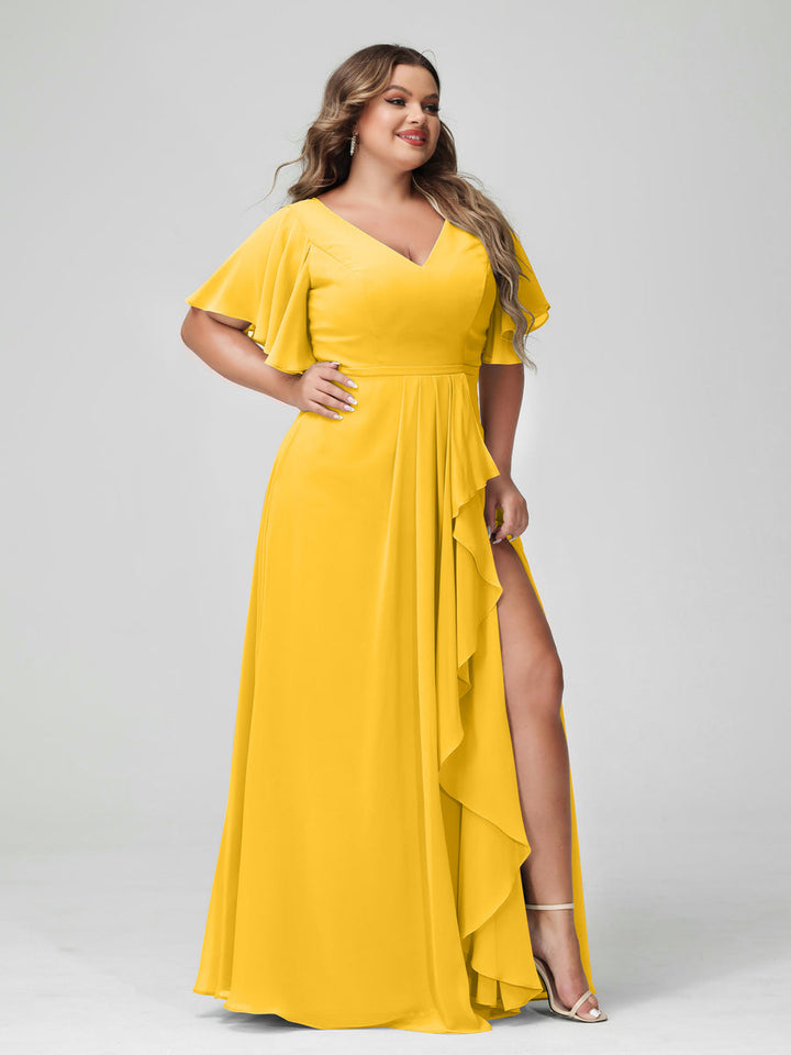 A-Line/Princess/Princess V-Neck Half Sleeves Chiffon Plus Size Bridesmaid Dresses with Split Side & Ruffles