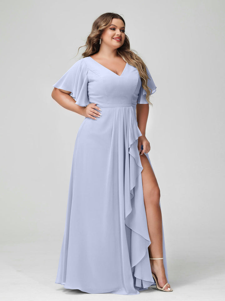 A-Line/Princess/Princess V-Neck Half Sleeves Chiffon Plus Size Bridesmaid Dresses with Split Side & Ruffles