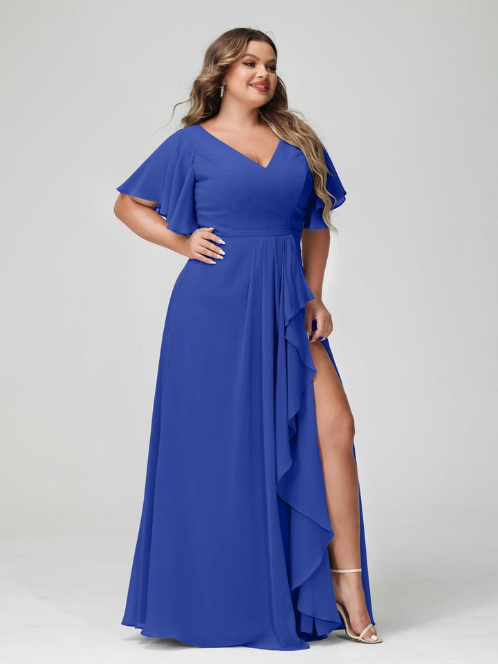 A-Line/Princess/Princess V-Neck Half Sleeves Chiffon Plus Size Bridesmaid Dresses with Split Side & Ruffles