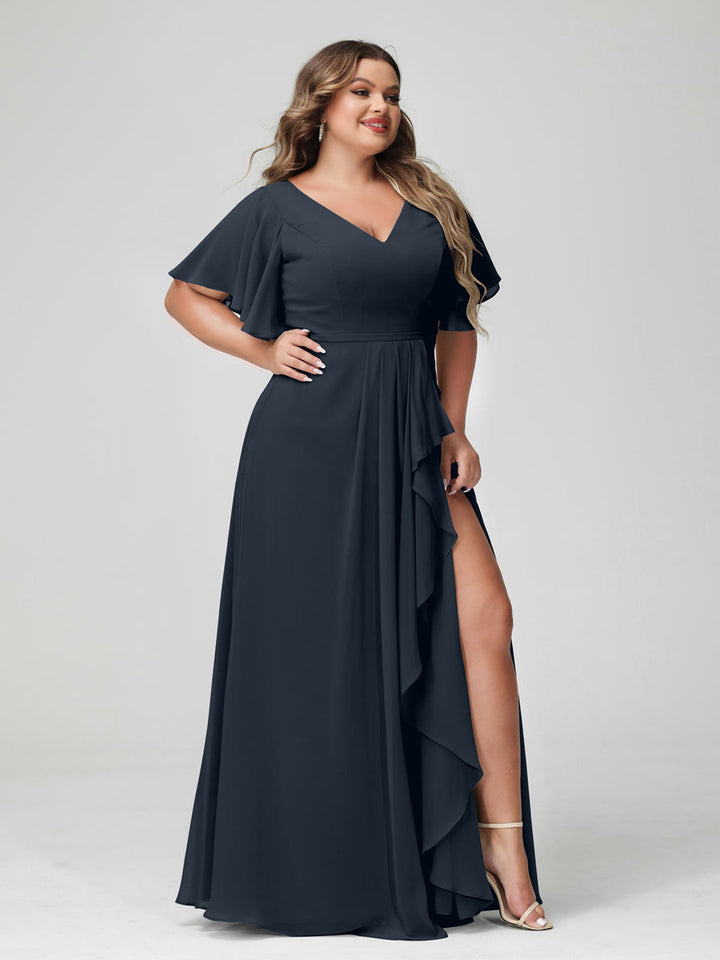 A-Line/Princess/Princess V-Neck Half Sleeves Chiffon Plus Size Bridesmaid Dresses with Split Side & Ruffles