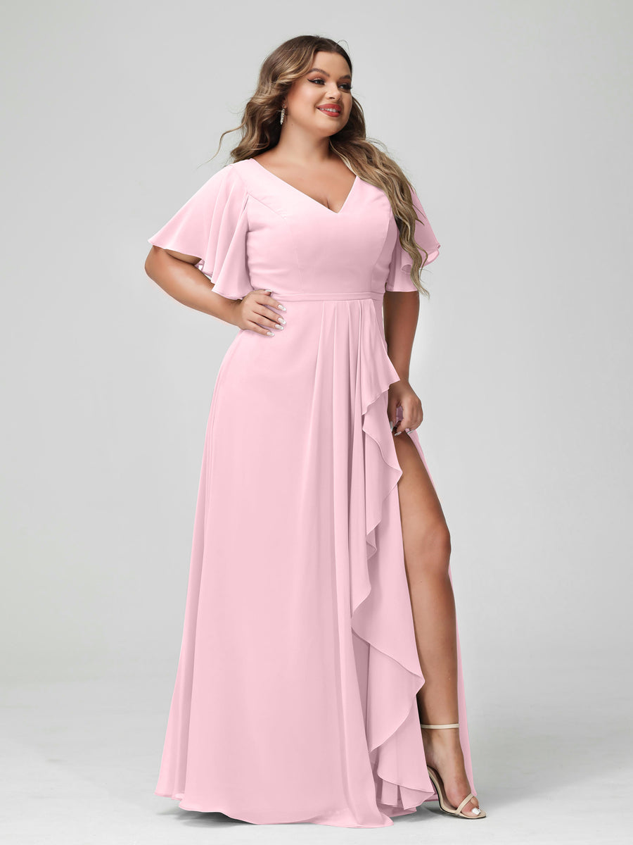 A-Line/Princess/Princess V-Neck Half Sleeves Chiffon Plus Size Bridesmaid Dresses with Split Side & Ruffles