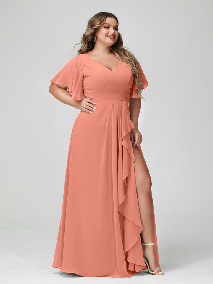 A-Line/Princess/Princess V-Neck Half Sleeves Chiffon Plus Size Bridesmaid Dresses with Split Side & Ruffles