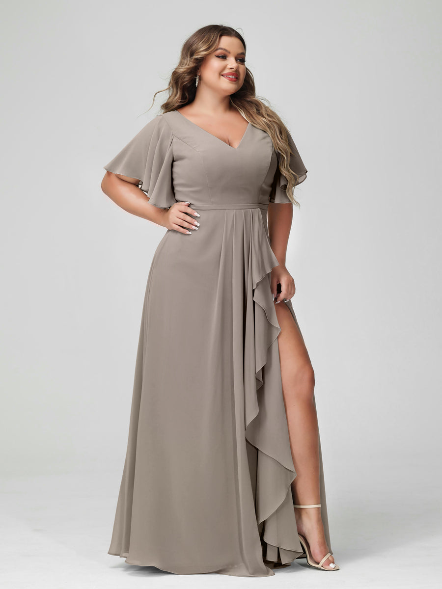 A-Line/Princess/Princess V-Neck Half Sleeves Chiffon Plus Size Bridesmaid Dresses with Split Side & Ruffles