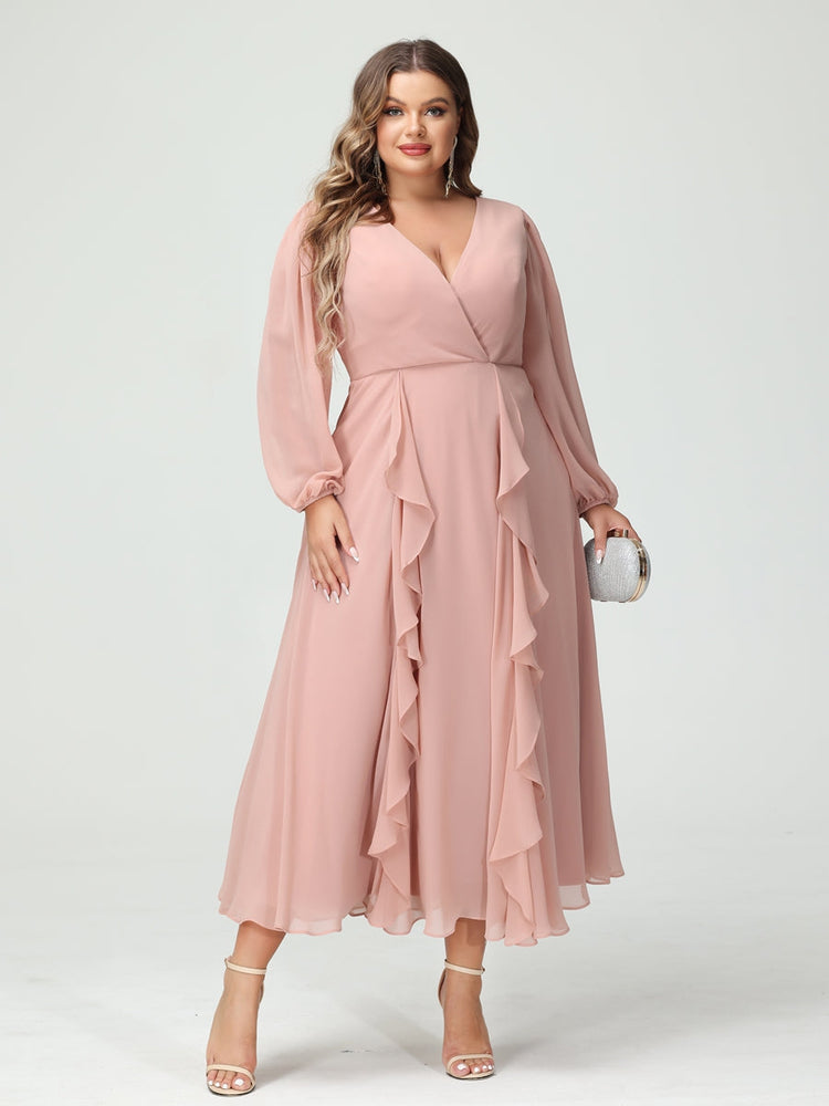 A-Line/Princess/Princess V-Neck Long Sleeves Chiffon Tea-Length Plus Size Bridesmaid Dresses with Pockets & Ruffles