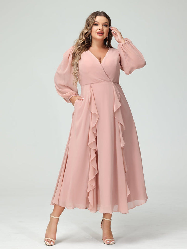 A-Line/Princess/Princess V-Neck Long Sleeves Chiffon Tea-Length Plus Size Bridesmaid Dresses with Pockets & Ruffles